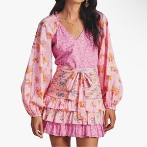 For Love Bell Pink and Orange Floral Blouse Patterned Patchwork Girly Ruffle